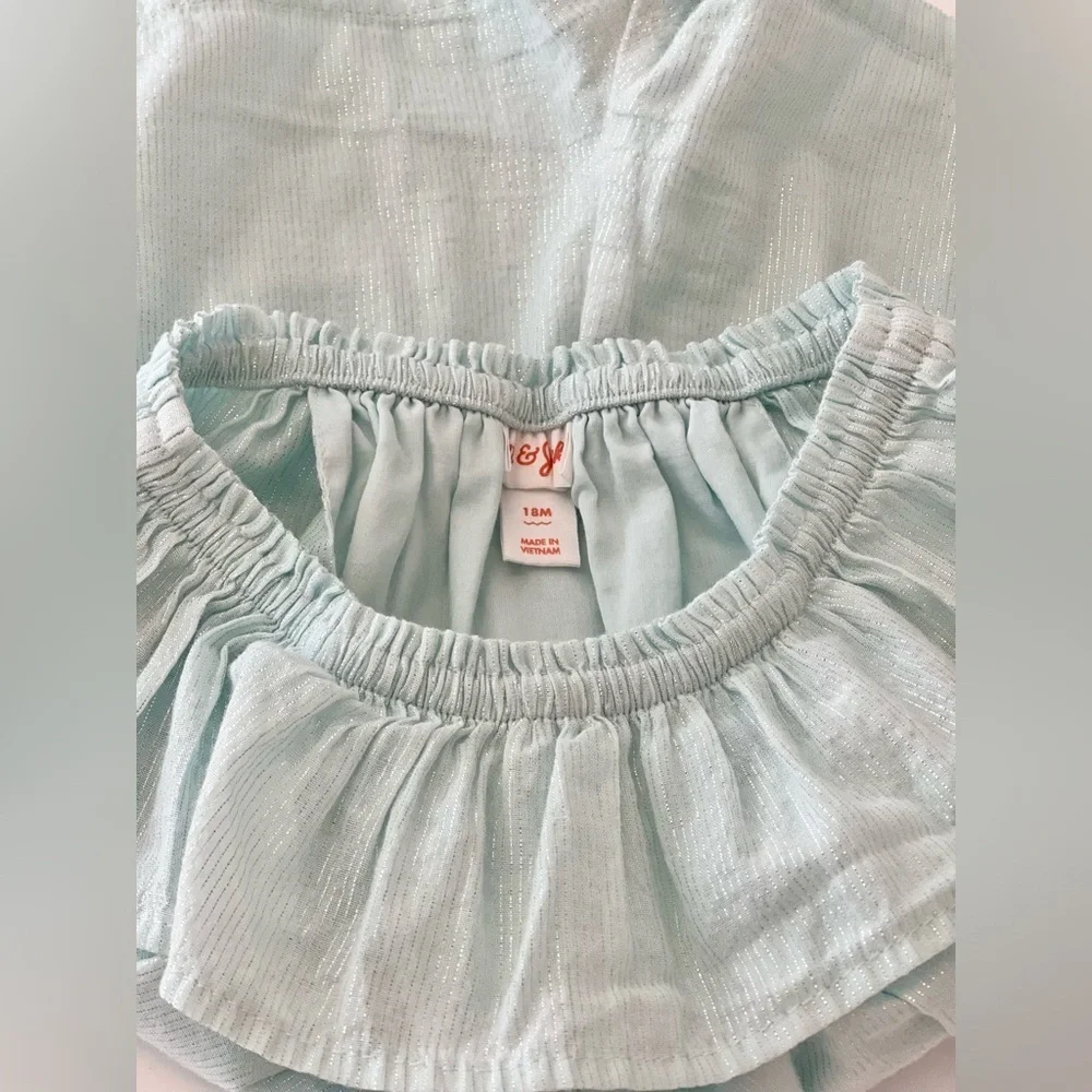 Cat & Jack Light Blue Ruffle Romper with Silver Threading | Baby Girl 18 Months